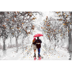 Cuadro de pareja y paraguas rojo paseando