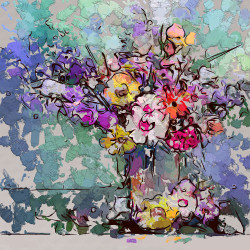 Cuadro de flores y textura en jarrón
