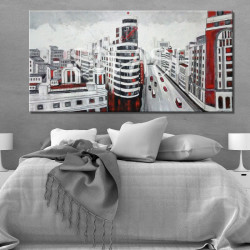 cuadro Calle Gran Vía de Madrid en grises y rojo para dormitorio