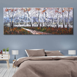 Cuadro de paisaje con troncos otoñal pintado textura para dormitorio