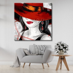 Cuadro mujer sombrero y labios rojos para cuarto de estar salón