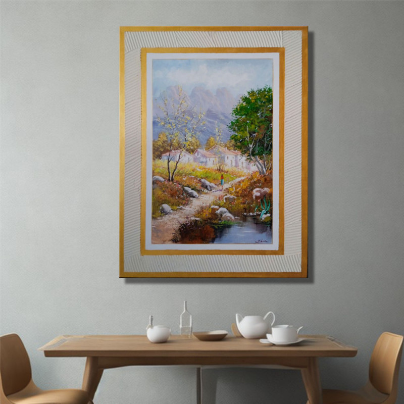 Cuadro de paisaje con marco crema y oro para sala cuarto de estar comedor