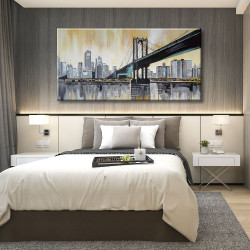 Cuadro de New York Skyline en gris y mostaza para dormitorio