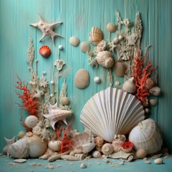 Cuadro de Corales y Conchas sobre Turquesa de motivos marinos