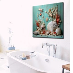 cuadro de corales y conchas sobre turquesa motivos marinos para cuarto de baño