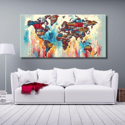 Cuadro Mapa Mundi y grafismo étnico impreso en lienzo para salón