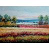 Cuadro de paisaje con trigal y flores rojas