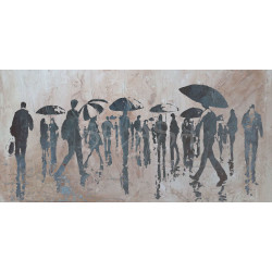 Cuadro de figuras con paraguas en sepia