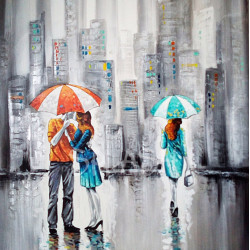 Cuadro pareja bajo la lluvia con paraguas