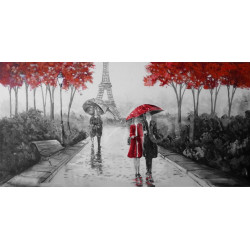 Cuadro de París con figuras bajo la lluvia gris y rojo